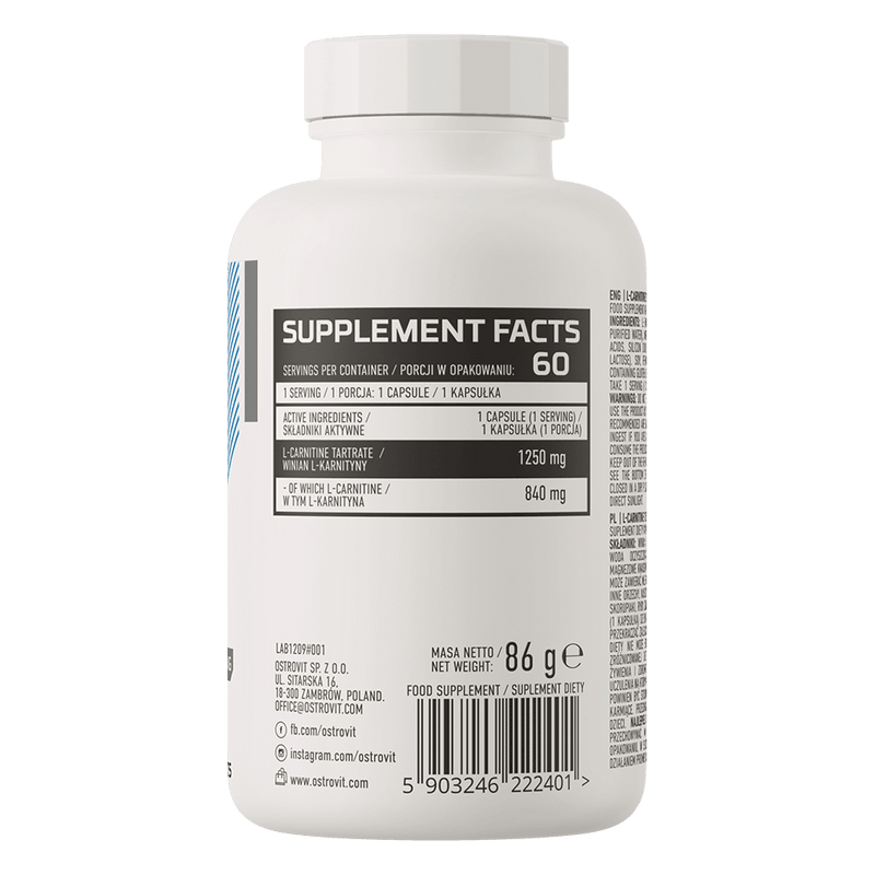 Tartrate de L-Carnitine 1250 mg 60 Gélules OstroVit 