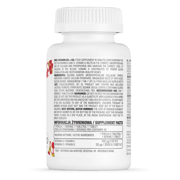 Vitamin D3 2000 IU + K2 100 µg - 90 Tablets - OstroVit